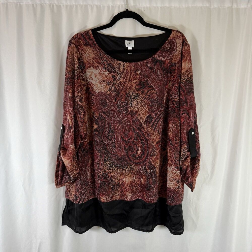 Dressbarn Blouse Women's 3X Black Metallic Knit 3/4 Sleeve Round Neck